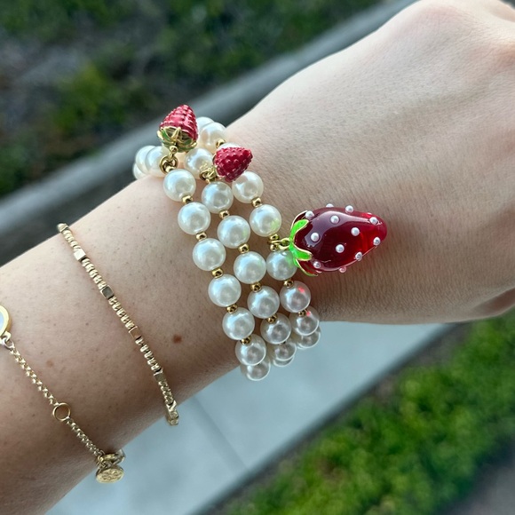 Anthropologie Jewelry - Set of 3 Strawberry and Pearl Stretch Bracelets 🍓